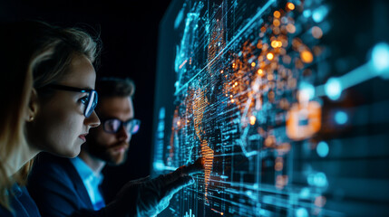woman and man analyzing digital map on screen, showcasing data visualization and technology. scene conveys sense of innovation and collaboration