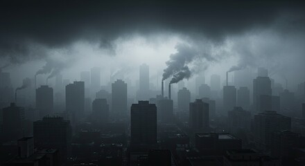 Moody urban landscape with dark clouds and smoky city skyline