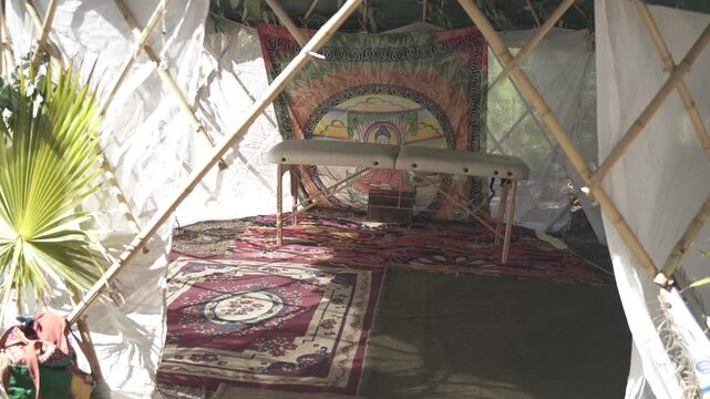 4K30 POV Approach Yurt Tent With Massage Table Inside in Uruguay South America - Handheld Dolly Shot