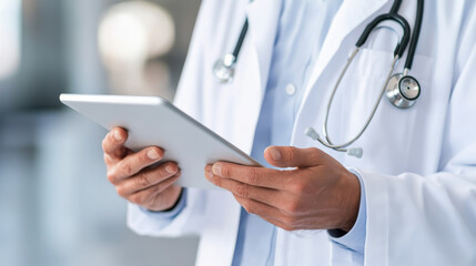 healthcare professional in white coat holds tablet, symbolizing modern medical technology and patient care. image conveys professionalism and innovation in healthcare