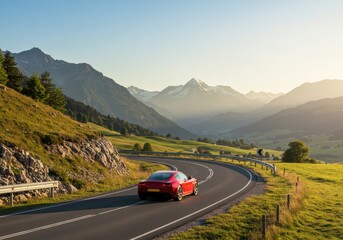 Red car on scenic mountain road at sunset with panoramic alpine views