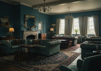 Elegant vintage living room with classic leather sofas and luxurious decor