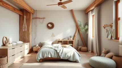 Cozy Bedroom Interior with Natural Wood Accents and Light Furnishings
