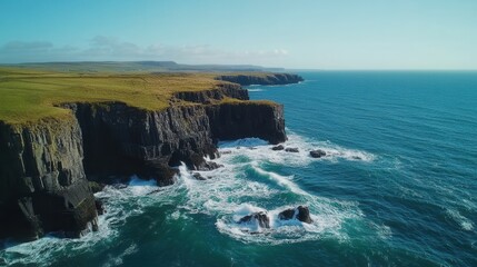 Dramatic Aerial View of the Cliffs of Moher, Ireland, with Turquoise Sea and Crashing Waves.