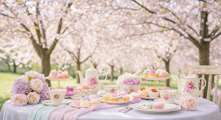 A charming pastel-themed tea party set beneath blooming cherry blossom trees, featuring delicate porcelain cups, floral desserts, and a serene atmosphere perfect for a spring gathering