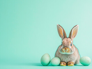 A delightful pastel green backdrop showcases a charming bunny nestled among decorative easter eggs, perfect for adding a touch of joy to any spring celebration or holiday greeting