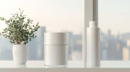 Fototapeta premium Minimalist skincare products on shelf with plant, showcasing modern design and tranquility. soft background enhances serene atmosphere