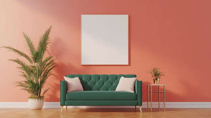 stylish green sofa with pink cushions against coral wall, complemented by potted plant and small side table, creates cozy and inviting living space