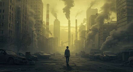 Fototapeta premium Surreal urban apocalypse with smoke-filled skies in abandoned cityscape