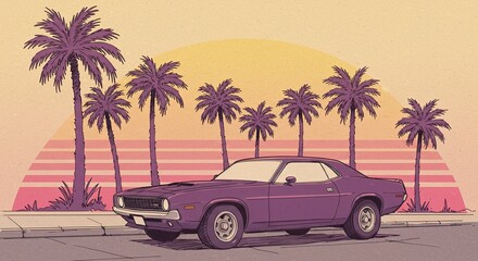 Retro muscle car and palm trees against a vibrant sunset background
