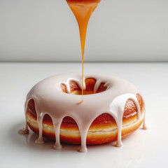 Delicious donut with creamy glaze drizzling on top in a bright setting creating an appetizing dessert image