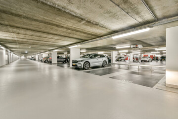 A spacious and well-lit underground parking garage featuring multiple parked cars and clean, minimalistic design, showcasing an efficient use of space and lighting.