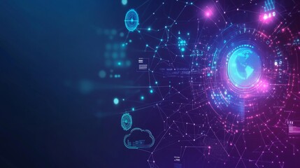 Obraz premium A digital big data analysis vector featuring a futuristic graph with AI-powered algorithms, floating cloud storage icons, and global network connections. 