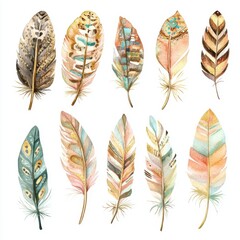 Watercolor tribal bohemian collection set. Watercolor Feathers Collection: Boho Tribal Pattern Design