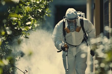 Naklejka premium person in hazmat suit spraying housing area