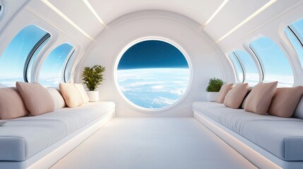 Fototapeta premium Futuristic lounge with large window showcasing outer space view.