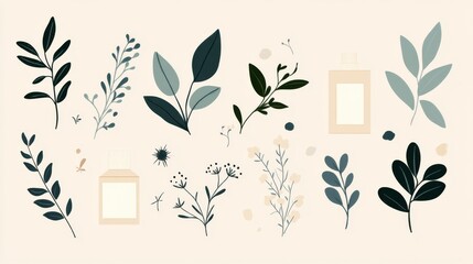 A beauty and skincare brand vector featuring minimalist botanical leaves, organic product containers, and a feminine color palette.