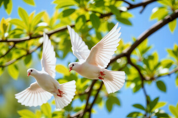 Fototapeta premium Playful paper doves fluttering in spring breeze, symbolizing peace