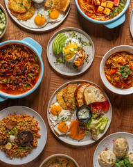 Vibrant Spread of International Dishes on a Rustic Wooden Table, Showcasing a Variety of Flavors and Textures