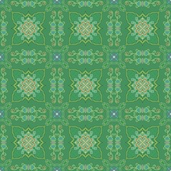 Seamless background with green flowers arranged in a grid. Abstract seamless checkerboard pattern with creeping flowers. Tiles, mosaic, squares. Green background.