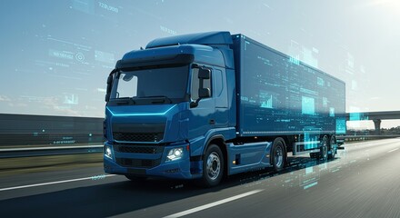 Futuristic blue truck on highway with digital interface elements