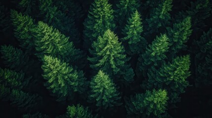 Aerial View of a Dense Evergreen Forest with Lush Green Spruce and Pine Trees
