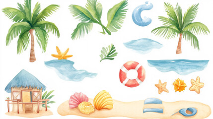 Obraz premium A watercolor-style cartoon beach clipart set, featuring various graphic design elements against a white background.