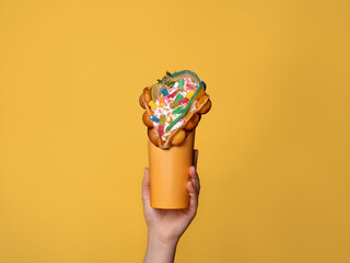 Hong Kong sweet waffle in the model's hand. Waffle with buttercream, marmalade on a yellow background