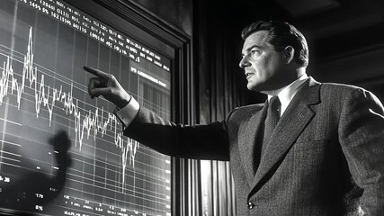 Businessman analyzing stock market trends on a blackboard in a vintage office setting - Powered by Adobe