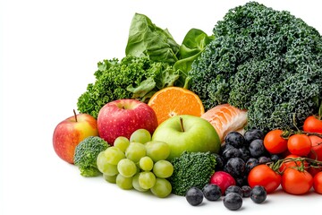 Fresh Fruits and Vegetables Assortment on White Background for Healthy Eating