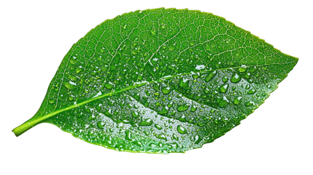 Close-up of a green leaf with water droplets glistening