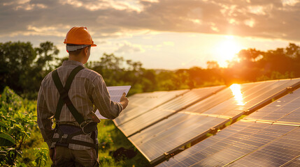 Engineer Inspecting Solar Farm with Safety Gear and Checklist

