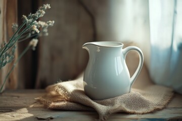 minimalist white jug of milk on burlap fabric, on rustic wooden table 