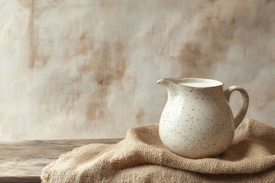 rustic jug of milk with burlap fabric on wooden table 