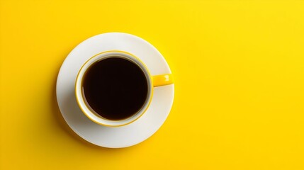 Top view of coffee cup on yellow and white