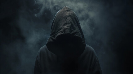 Mysterious silhouette of a hooded figure in a dark environment with blue smoke. Emphasizes themes of hacking, anonymity, and the dangerous world of cybercrime.