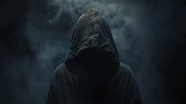 Mysterious silhouette of a hooded figure in a dark environment with blue smoke. Emphasizes themes of hacking, anonymity, and the dangerous world of cybercrime.