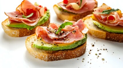 Turkey ham bruschetta on sliced avocado
