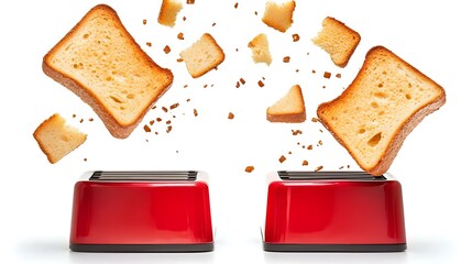 Two toasts jumping out of red toaster