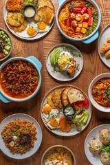 Vibrant Spread of International Dishes on a Rustic Wooden Table, Showcasing a Variety of Flavors and Textures