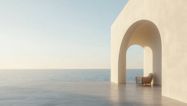 Minimalist ocean view patio with arched doorway and chair.