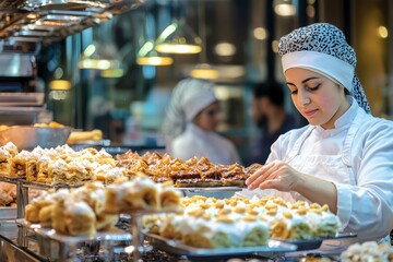 A dessert display filled with baklava and sweet pastries. Caf&Atilde;&copy; staff carefully arrange each treat before iftar begins.