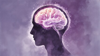 Obraz premium Whimsical Watercolor Card, Purple Human Profile of Head with a Glowing Brain, Neuroscience Concept, Soft Artistic Background