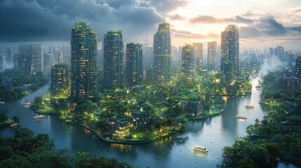 Naklejka premium Futuristic eco-city at sunset, lush greenery integrated with skyscrapers and waterways.