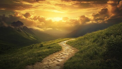 Golden Sunset Path: Winding Mountain Road to Peaceful Vista, Serene Landscape at Dawn