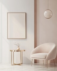 Minimalist pink armchair, gold side table, and blank frame in a sunlit room.