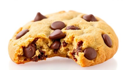 A close-up of a freshly baked chocolate chip cookie with a bite taken out of it, golden brown and crispy on the edges, with gooey melted chocolate chips. The cookie is isolated on a transparent backgr