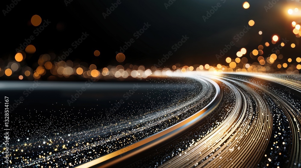 Poster technology and communication bright glowing lines and dots forming dynamic patterns against a dark b