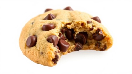 A close-up of a freshly baked chocolate chip cookie with a bite taken out of it, golden brown and crispy on the edges, with gooey melted chocolate chips. The cookie is isolated on a transparent backgr