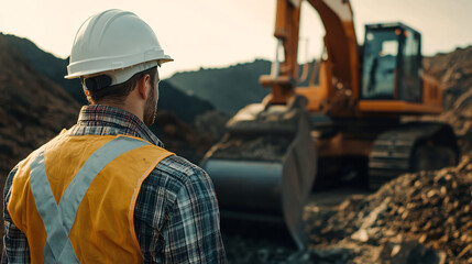 Fototapeta premium A Caucasian engineer wearing a white helmet at work, overseeing a mechanical shovel in action.